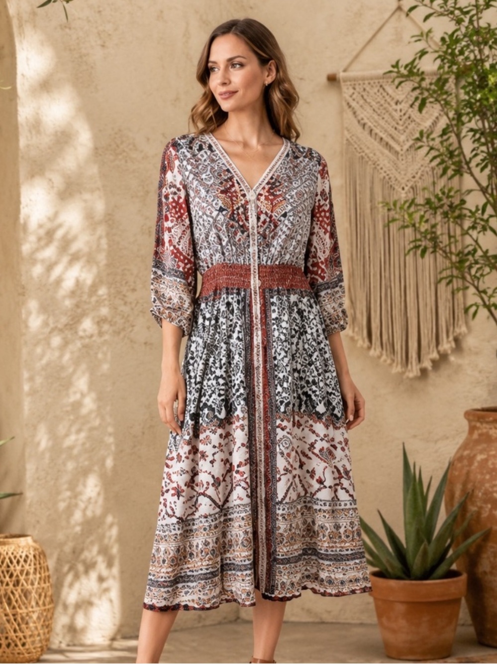 Khaadi Boho Paisley Print Midi Dress V‎ Neck Smocked Waist SZ small